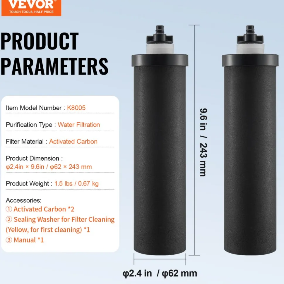 VEVOR Water Filters Replacement, Purification Elements, Activated Carbon Replacement Filters, Easy to Replace Water Filter, Gravity Water Filter System, Compatible with Most Brands, Pack of 2, Black