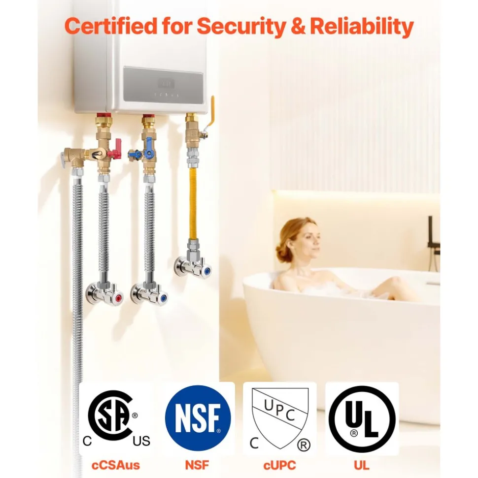 VEVOR Water Heater Kit, 3/4 Inch Cold & Hot Water Plumbing Repair Kit with 600 WOG Isolation Valves, Pressure Relief Valve, Ball Valve, Gas Hose, Compatible with Most Tankless Waters Heater Brands