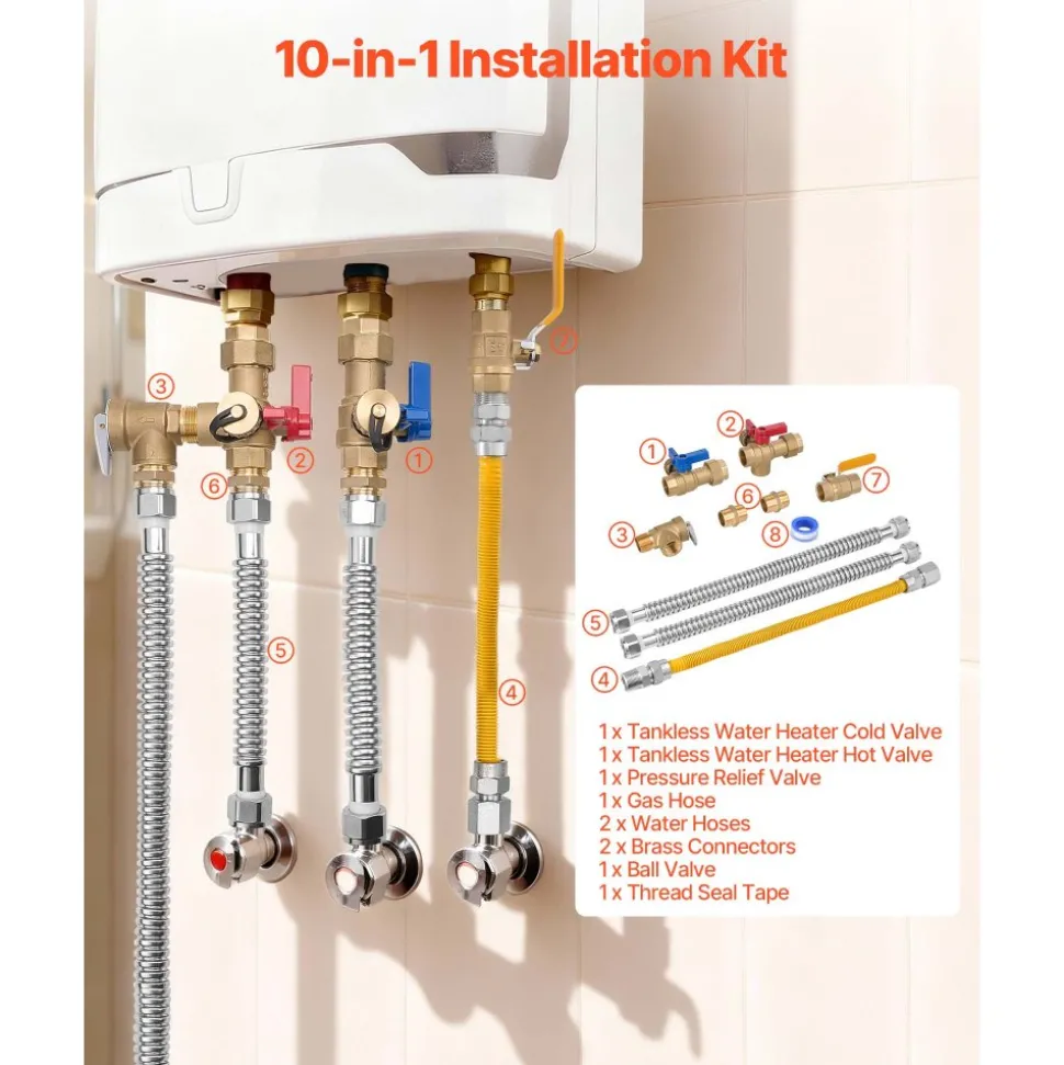 VEVOR Water Heater Kit, 3/4 Inch Cold & Hot Water Plumbing Repair Kit with 600 WOG Isolation Valves, Pressure Relief Valve, Ball Valve, Gas Hose, Compatible with Most Tankless Waters Heater Brands