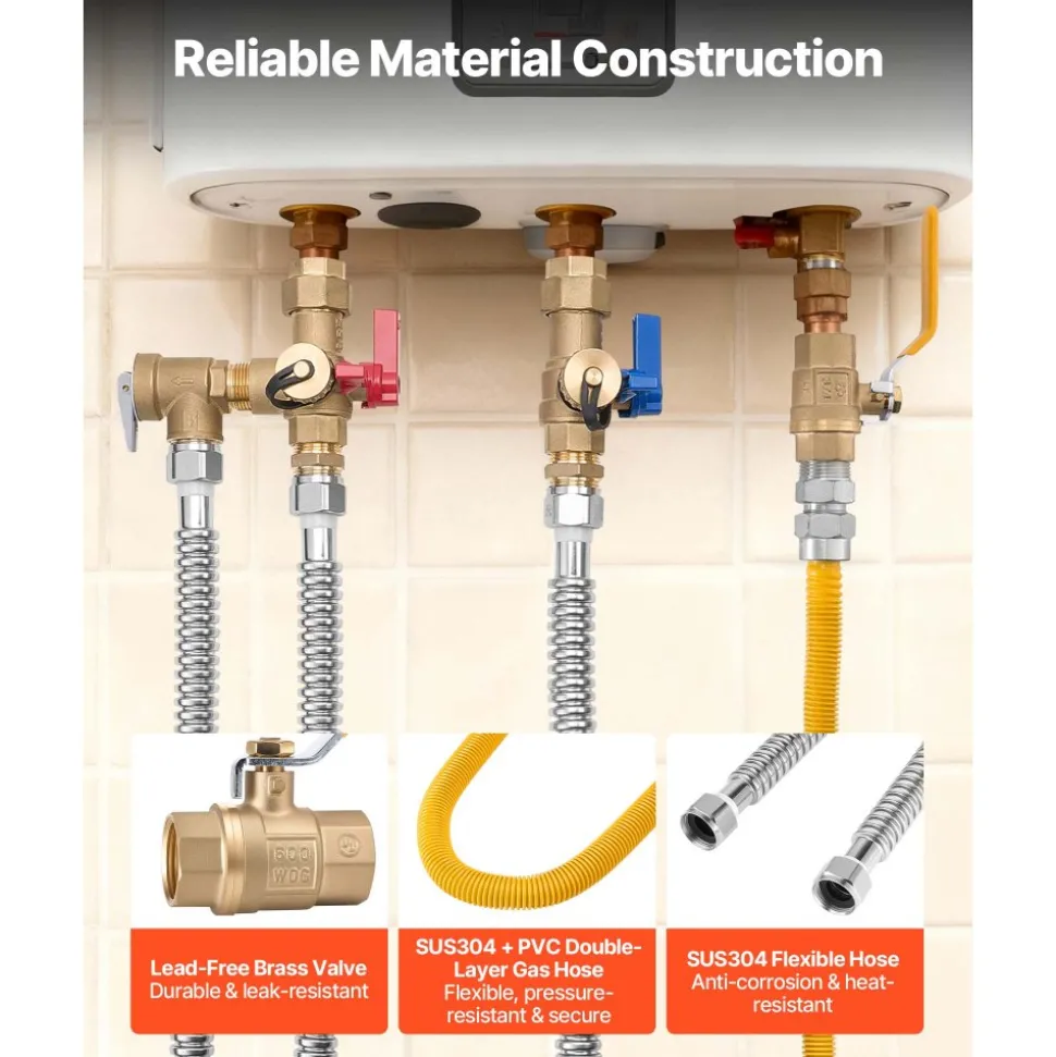 VEVOR Water Heater Kit, 3/4 Inch Cold & Hot Water Plumbing Repair Kit with 600 WOG Isolation Valves, Pressure Relief Valve, Ball Valve, Gas Hose, Compatible with Most Tankless Waters Heater Brands