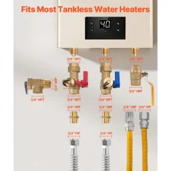 VEVOR Water Heater Kit, 3/4 Inch Cold & Hot Water Plumbing Repair Kit with 600 WOG Isolation Valves, Pressure Relief Valve, Ball Valve, Gas Hose, Compatible with Most Tankless Waters Heater Brands