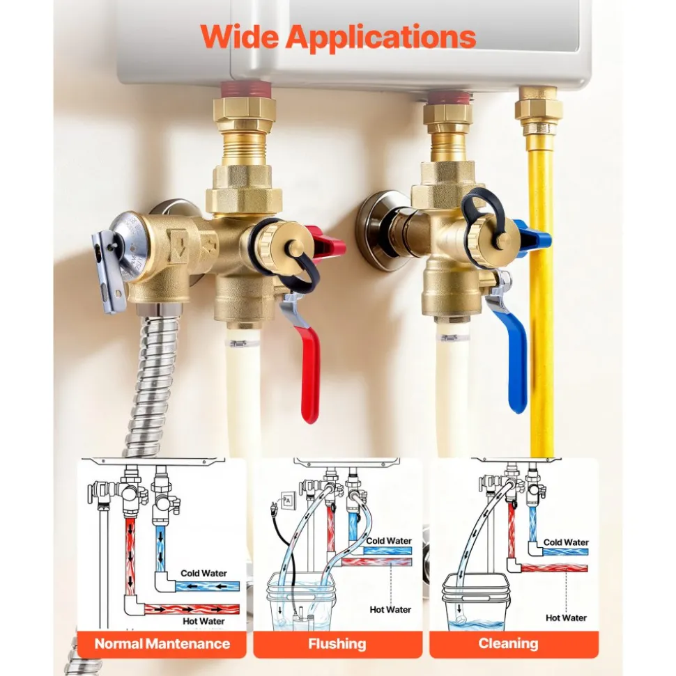 VEVOR Water Heater Kit, 3/4 Inch Tankless Water Heater Service Valve Kit with 2PCS 3/4″ NPT to 3/4″ PEX-B Isolation Valves, Pressure Relief Valve, Lead-Free Brass, Fits Most Tankless Waters Heaters