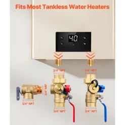 VEVOR Water Heater Kit, 3/4 Inch Tankless Water Heater Service Valve Kit with 2PCS 3/4″ NPT to 3/4″ NPT Isolation Valves, Pressure Relief Valve, Lead-Free Brass, Fits Most Tankless Waters Heaters