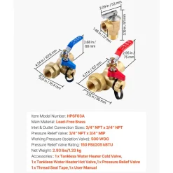 VEVOR Water Heater Kit, 3/4 Inch Tankless Water Heater Service Valve Kit with 2PCS 3/4″ NPT to 3/4″ NPT Isolation Valves, Pressure Relief Valve, Lead-Free Brass, Fits Most Tankless Waters Heaters