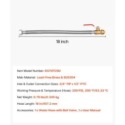 VEVOR Water Heater Kit, Push-Fit Valve Flexible Water Heater Connector with 3/4