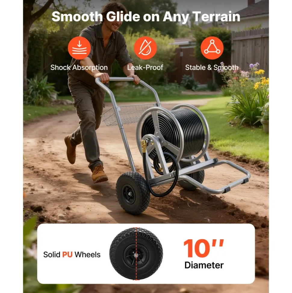 VEVOR Water Hose Reel Cart, 200/300ft High-Pressure Garden Hose Cart, Hoses Reel Carts with Two Wheels, Handle & Heavy-Duty Mesh Storage Basket, Dual-Purpose Portable Hoses Reels for Garden, Car, Pet