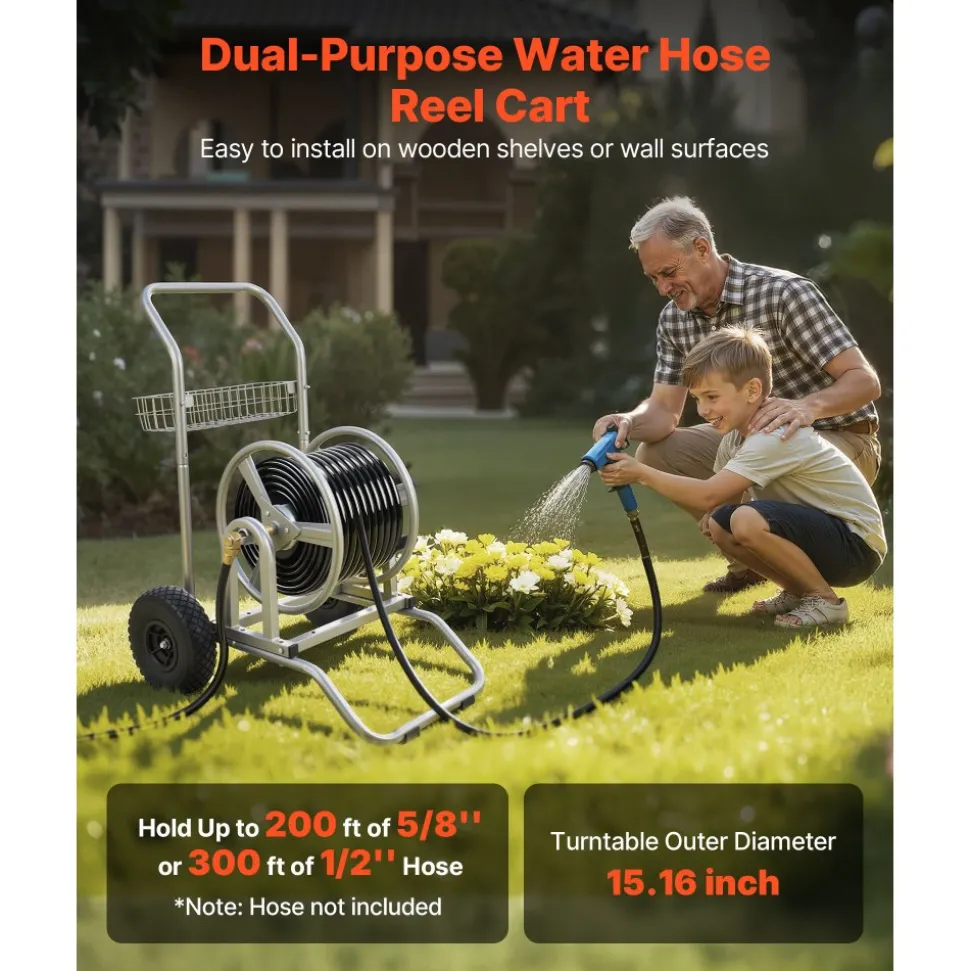 VEVOR Water Hose Reel Cart, 200/300ft High-Pressure Garden Hose Cart, Hoses Reel Carts with Two Wheels, Handle & Heavy-Duty Mesh Storage Basket, Dual-Purpose Portable Hoses Reels for Garden, Car, Pet