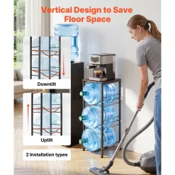 VEVOR Water Jug Holder, 4 Tiers 3 and 5 Gallon Water Bottle Holder for 3 Bottles, Heavy Duty Jug Rack Organizer with Storage Shelf, Detachable for Kitchen, Office, Living Room, Black and Brown