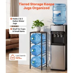 VEVOR Water Jug Holder, 4 Tiers 3 and 5 Gallon Water Bottle Holder for 3 Bottles, Heavy Duty Jug Rack Organizer with Storage Shelf, Detachable for Kitchen, Office, Living Room, Black and Brown