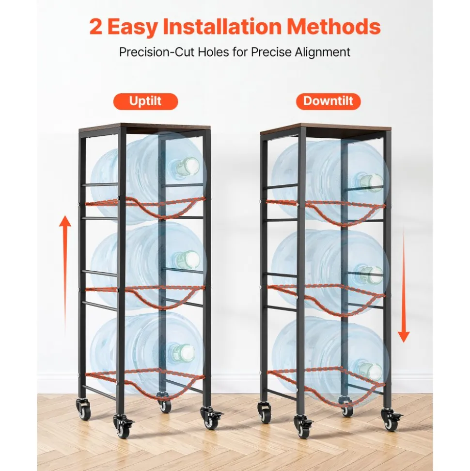 VEVOR Water Jug Holder, 4 Tiers 3 and 5 Gallon Water Bottle Holder for 3 Bottles, Heavy Duty Jug Rack Organizer with Storage Shelf and Casters, for Kitchen, Office, Living Room, Black and Brown