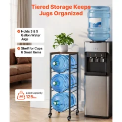 VEVOR Water Jug Holder, 4 Tiers 3 and 5 Gallon Water Bottle Holder for 3 Bottles, Heavy Duty Jug Rack Organizer with Storage Shelf and Casters, for Kitchen, Office, Living Room, Black and Brown