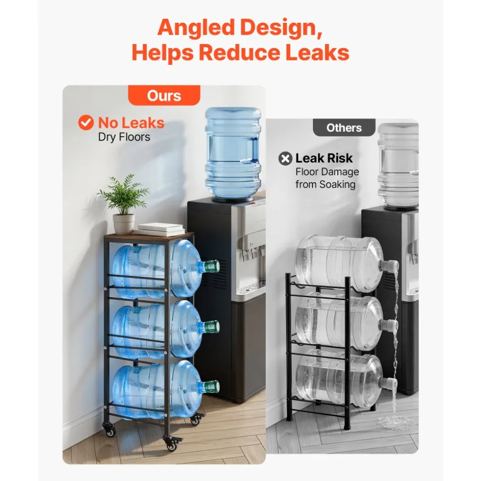 VEVOR Water Jug Holder, 4 Tiers 3 and 5 Gallon Water Bottle Holder for 3 Bottles, Heavy Duty Jug Rack Organizer with Storage Shelf and Casters, for Kitchen, Office, Living Room, Black and Brown