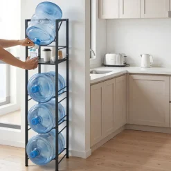 VEVOR Water Jug Holder, 5 Tiers 3 and 5 Gallon Water Bottle Holder for 4 Bottles, Heavy Duty Jug Rack Organizer with Storage Shelf, Adjustable Feet, and Handle, for Kitchen, Office, Living Room, Black
