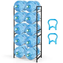 VEVOR Water Jug Holder, 5 Tiers Double Rows 3 and 5 Gallon Water Bottle Holder for 10 Bottles, Heavy Duty Jug Rack Organizer with Handles, Easy Assembly, for Kitchen, Office, Living Room, Black