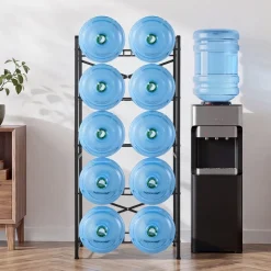 VEVOR Water Jug Holder, 5 Tiers Double Rows 3 and 5 Gallon Water Bottle Holder for 10 Bottles, Heavy Duty Jug Rack Organizer with Handles, Easy Assembly, for Kitchen, Office, Living Room, Black