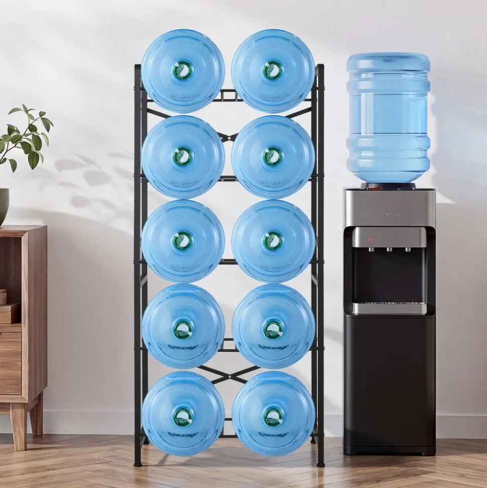 VEVOR Water Jug Holder, 5 Tiers Double Rows 3 and 5 Gallon Water Bottle Holder for 10 Bottles, Heavy Duty Jug Rack Organizer with Handles, Easy Assembly, for Kitchen, Office, Living Room, Black