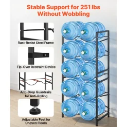 VEVOR Water Jug Holder, 5 Tiers Double Rows 3 and 5 Gallon Water Bottle Holder for 10 Bottles, Heavy Duty Jug Rack Organizer with Handles, Easy Assembly, for Kitchen, Office, Living Room, Black