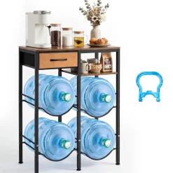 VEVOR Water Jug Holder, 4 Tiers Double Rows 3 and 5 Gallon Water Bottle Holder for 4 Bottles, Heavy Duty Jug Rack Organizer with Storage Shelf and Drawer, for Kitchen, Living Room, Black and Brown