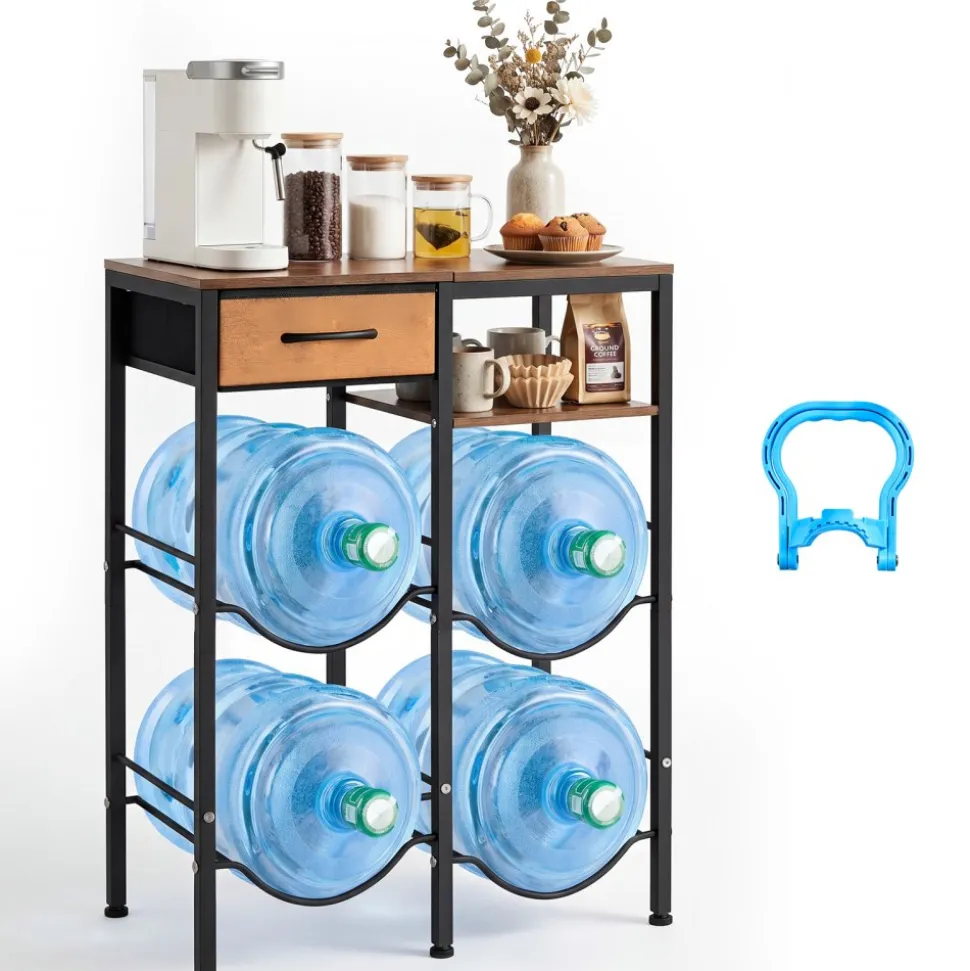 VEVOR Water Jug Holder, 4 Tiers Double Rows 3 and 5 Gallon Water Bottle Holder for 4 Bottles, Heavy Duty Jug Rack Organizer with Storage Shelf and Drawer, for Kitchen, Living Room, Black and Brown