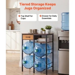 VEVOR Water Jug Holder, 4 Tiers Double Rows 3 and 5 Gallon Water Bottle Holder for 4 Bottles, Heavy Duty Jug Rack Organizer with Storage Shelf and Drawer, for Kitchen, Living Room, Black and Brown