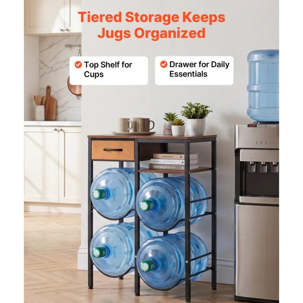 VEVOR Water Jug Holder, 4 Tiers Double Rows 3 and 5 Gallon Water Bottle Holder for 4 Bottles, Heavy Duty Jug Rack Organizer with Storage Shelf and Drawer, for Kitchen, Living Room, Black and Brown