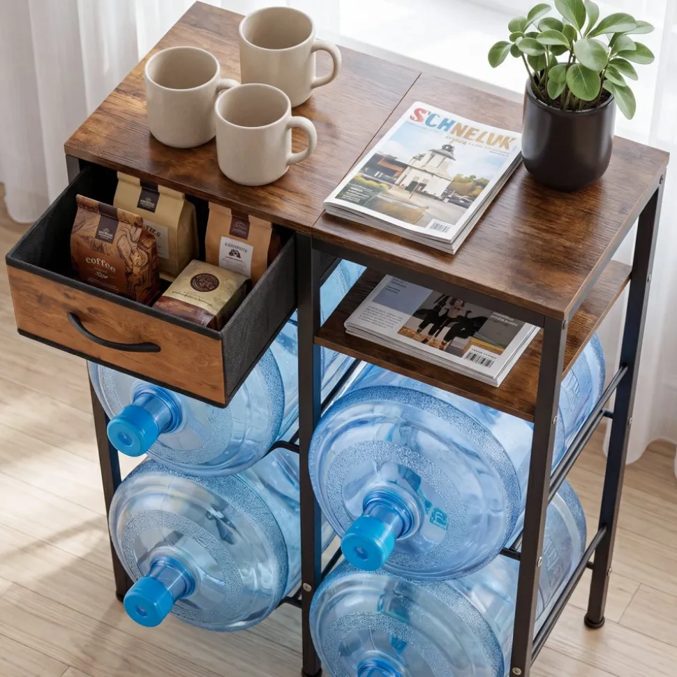 VEVOR Water Jug Holder, 4 Tiers Double Rows 3 and 5 Gallon Water Bottle Holder for 4 Bottles, Heavy Duty Jug Rack Organizer with Storage Shelf and Drawer, for Kitchen, Living Room, Black and Brown