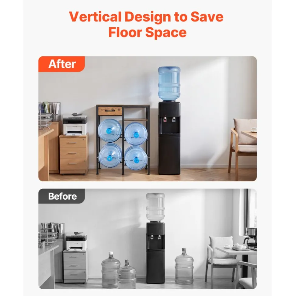 VEVOR Water Jug Holder, 4 Tiers Double Rows 3 and 5 Gallon Water Bottle Holder for 4 Bottles, Heavy Duty Jug Rack Organizer with Storage Shelf and Drawer, for Kitchen, Living Room, Black and Brown