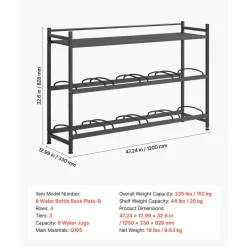 VEVOR Water Jug Holder, 3 Tiers 4 Rows 3 and 5 Gallon Water Bottle Holder for 8 Bottles, Heavy Duty Jug Rack Organizer with Storage Shelf, Angled Design, for Kitchen, Office, Living Room, Black