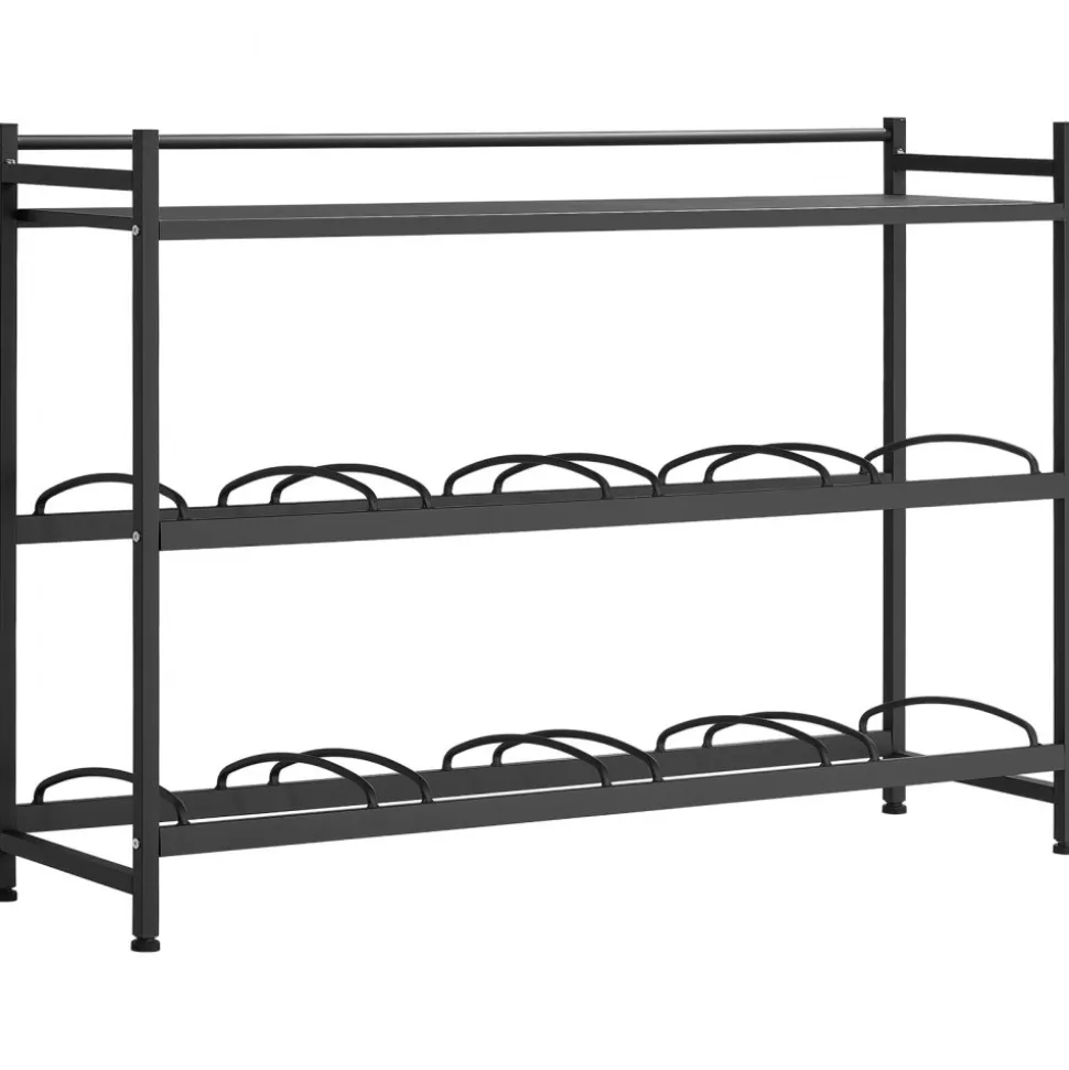 VEVOR Water Jug Holder, 3 Tiers 4 Rows 3 and 5 Gallon Water Bottle Holder for 8 Bottles, Heavy Duty Jug Rack Organizer with Storage Shelf, Angled Design, for Kitchen, Office, Living Room, Black