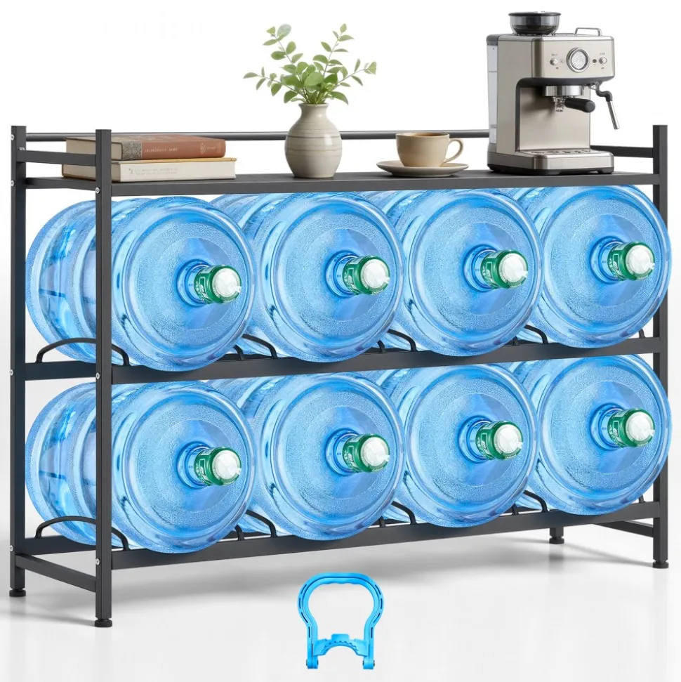 VEVOR Water Jug Holder, 3 Tiers 4 Rows 3 and 5 Gallon Water Bottle Holder for 8 Bottles, Heavy Duty Jug Rack Organizer with Storage Shelf, Angled Design, for Kitchen, Office, Living Room, Black