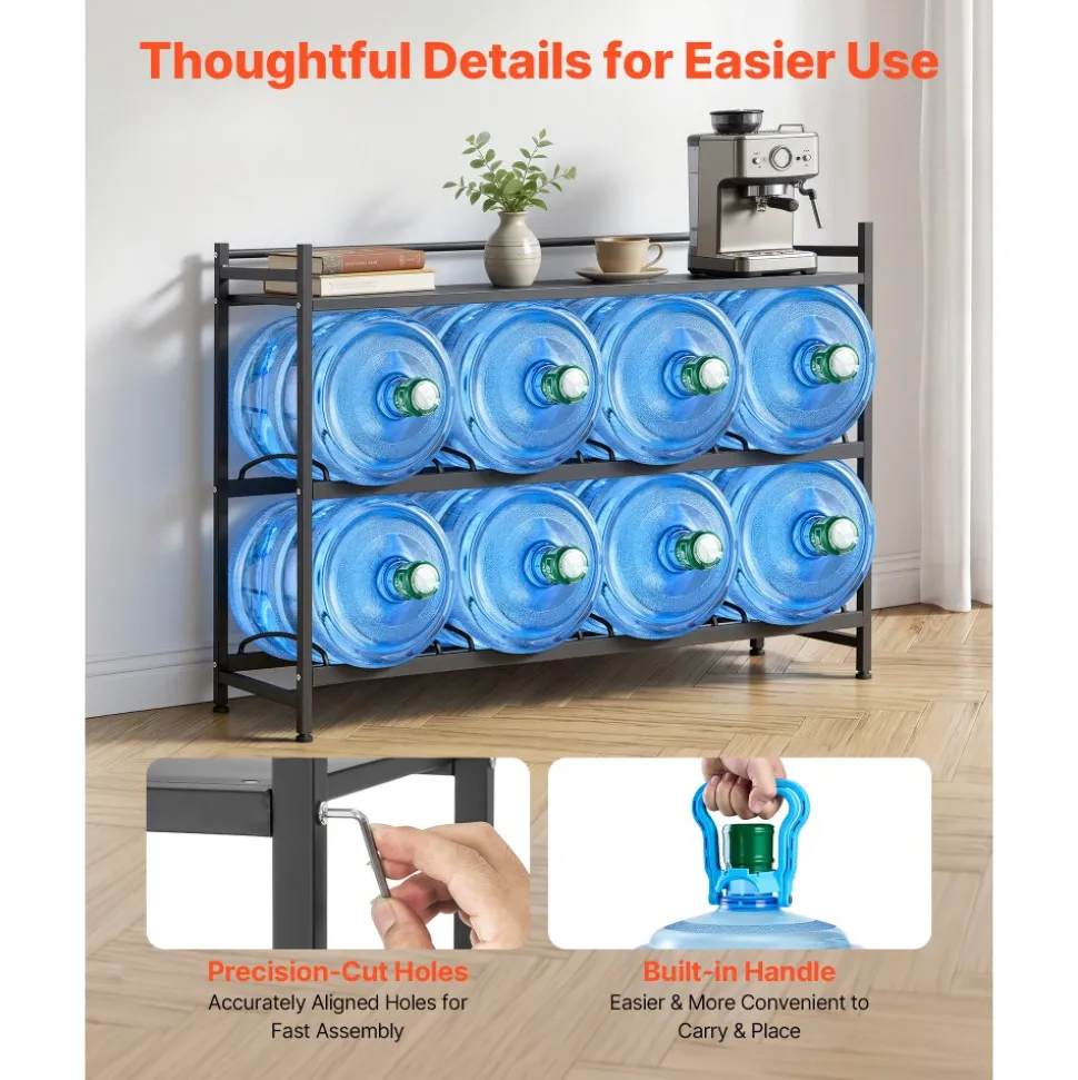 VEVOR Water Jug Holder, 3 Tiers 4 Rows 3 and 5 Gallon Water Bottle Holder for 8 Bottles, Heavy Duty Jug Rack Organizer with Storage Shelf, Angled Design, for Kitchen, Office, Living Room, Black