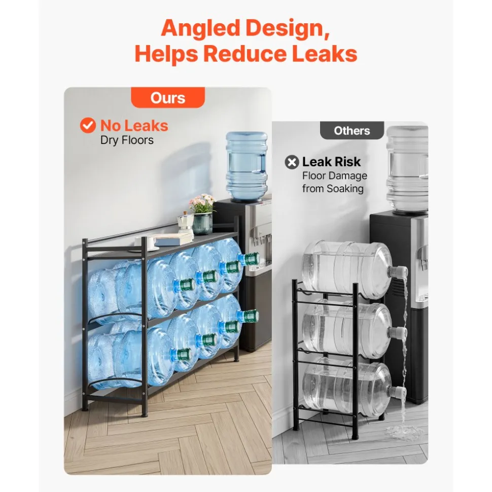 VEVOR Water Jug Holder, 3 Tiers 4 Rows 3 and 5 Gallon Water Bottle Holder for 8 Bottles, Heavy Duty Jug Rack Organizer with Storage Shelf, Angled Design, for Kitchen, Office, Living Room, Black