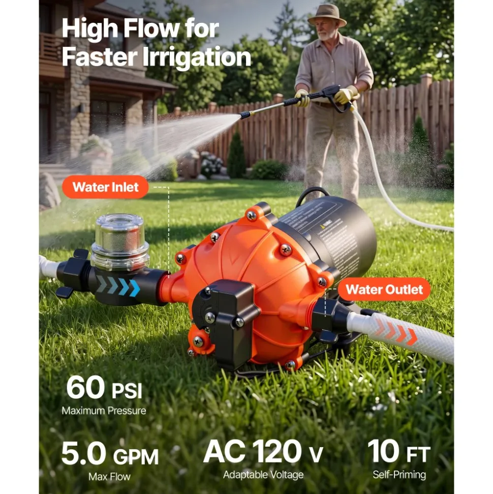 VEVOR Water Pressure Pump, 110V AC 5 GPM, 5-Chamber On Demand Electric Diaphragm Water Transfer Pump, 60 PSI Max Pressure, Automatic Pressure Switch, for Home Kitchen Garden Irrigation Car Washing