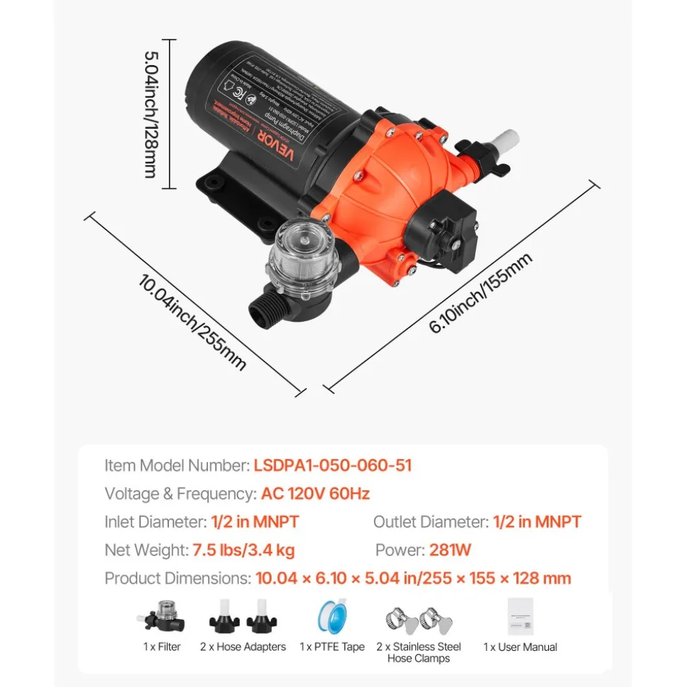 VEVOR Water Pressure Pump, 110V AC 5 GPM, 5-Chamber On Demand Electric Diaphragm Water Transfer Pump, 60 PSI Max Pressure, Automatic Pressure Switch, for Home Kitchen Garden Irrigation Car Washing