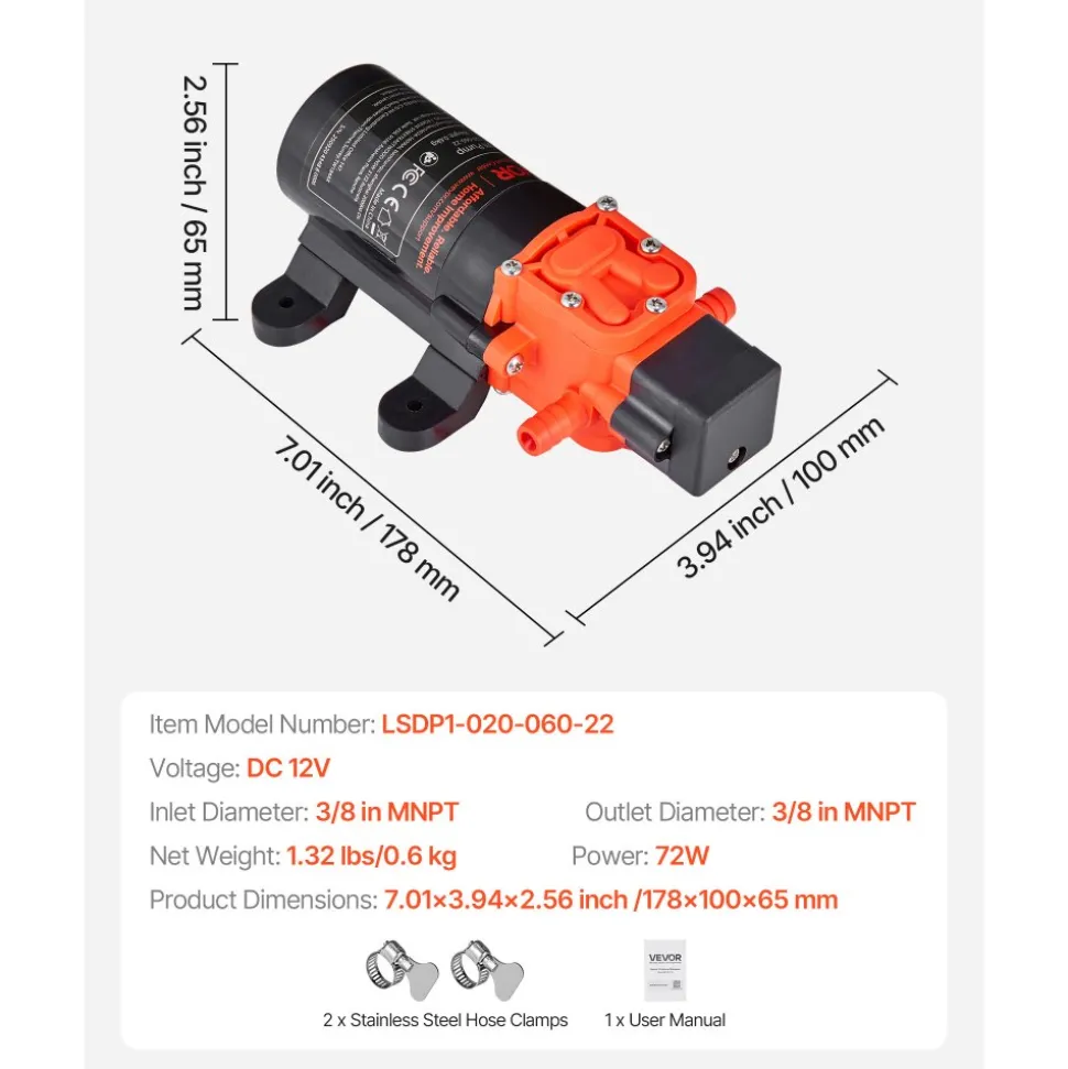 VEVOR Water Pressure Pump, 12V DC 1.2 GPM (4.5 L/min), 2-Chamber Self-Priming Diaphragm Water Pump with 2 Hose Clamps, 80 PSI Max Pressure, Quiet Operation, for RV, Caravan, Marine, Garden Irrigation