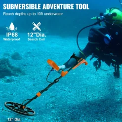 VEVOR Waterproof Metal Detector, 12" Coil, Professional Rechargeable Gold Detector, 39-50 in Adjustable with LCD 7 Modes Advanced DSP Chip Bluetooth Headset, IP68 for Detecting Gold Treasure Hunting