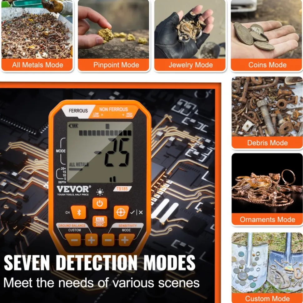 VEVOR Waterproof Metal Detector, 12" Coil, Professional Rechargeable Gold Detector, 39-50 in Adjustable with LCD 7 Modes Advanced DSP Chip Bluetooth Headset, IP68 for Detecting Gold Treasure Hunting