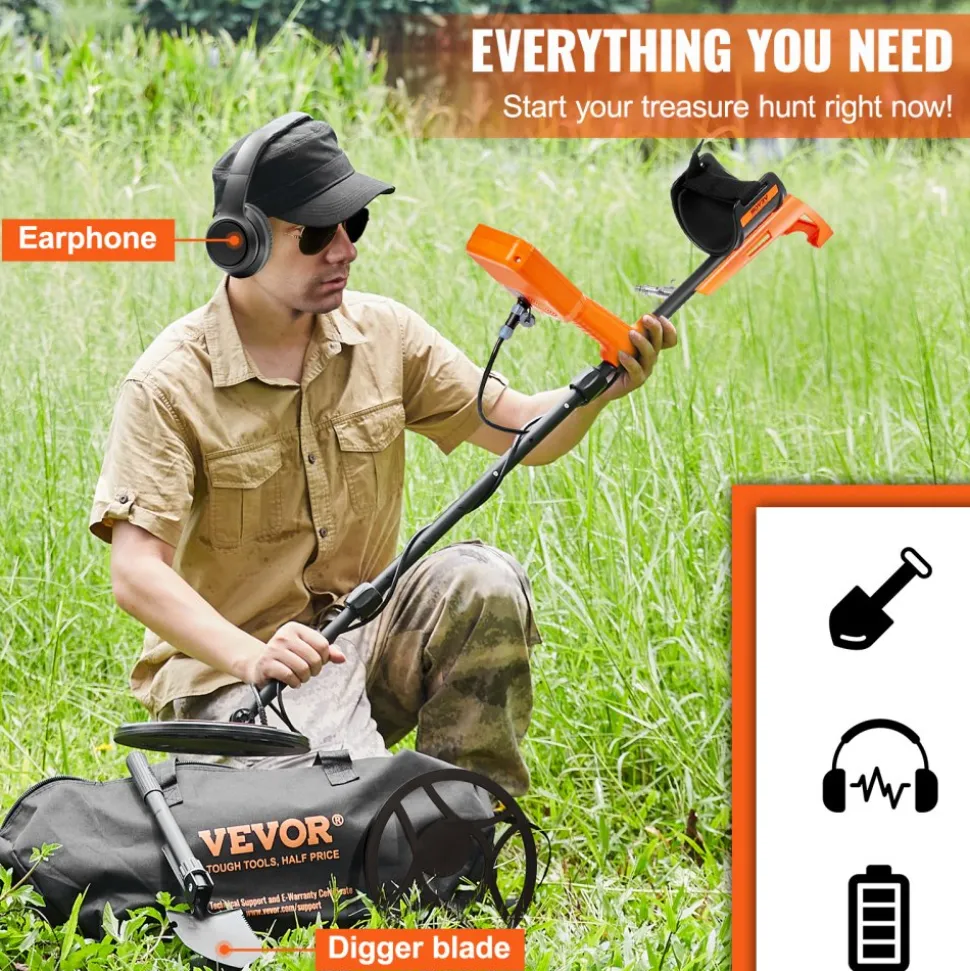 VEVOR Waterproof Metal Detector, 12" Coil, Professional Rechargeable Gold Detector, 39-50 in Adjustable with LCD 7 Modes Advanced DSP Chip Bluetooth Headset, IP68 for Detecting Gold Treasure Hunting