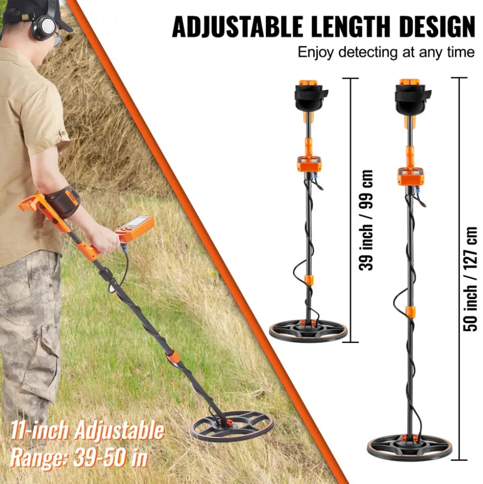 VEVOR Waterproof Metal Detector, 12" Coil, Professional Rechargeable Gold Detector, 39-50 in Adjustable with LCD 7 Modes Advanced DSP Chip Bluetooth Headset, IP68 for Detecting Gold Treasure Hunting