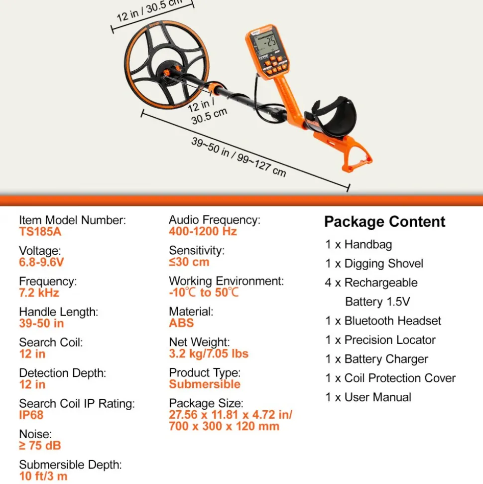 VEVOR Waterproof Metal Detector, 12" Coil, Professional Rechargeable Gold Detector, 39-50 in Adjustable with LCD 7 Modes Advanced DSP Chip Bluetooth Headset, IP68 for Detecting Gold Treasure Hunting