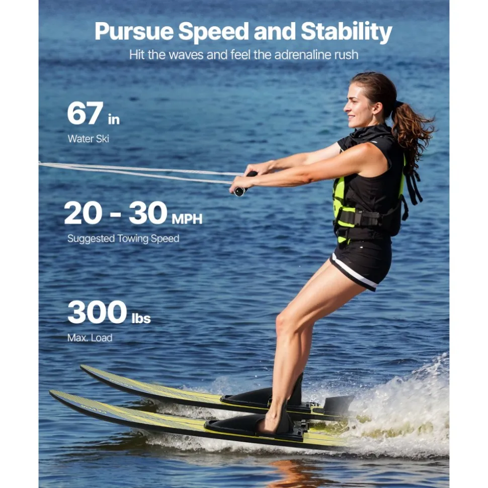 VEVOR 67" Water Skis, Adult Water Ski with X-9 Adjustable Horseshoe Bindings & Padded Rear Toe Plate, High-gloss UV Coating Waterskis Combo for Adults Up to 300 lbs