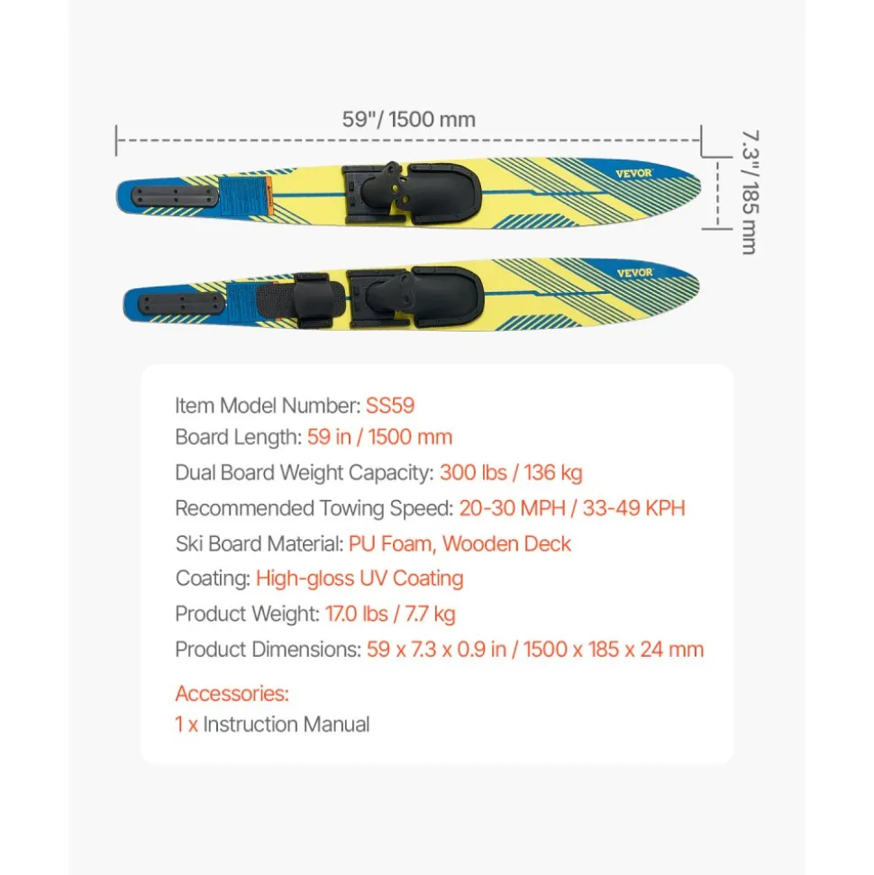 VEVOR 59" Water Skis, Adult Water Ski with X-7 Adjustable Horseshoe Bindings & Padded Rear Toe Plate, High-gloss UV Coating Waterskis Combo for Adults Up to 300 lbs
