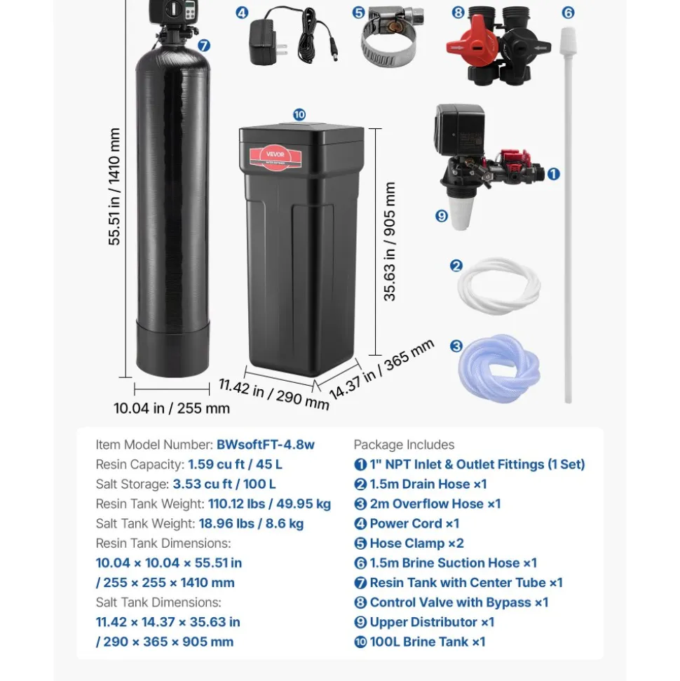 VEVOR Water Softener, 32,000 Grains Whole House Water Softener System, with Automatic Digital Control Head, Bypass Valve, Reduce Hardness and Minerals, Improve Water Quality, for 1-2 Bathrooms