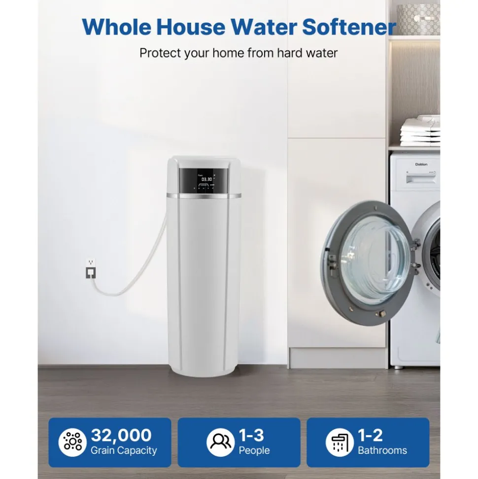 VEVOR Water Softener, 32,000 Grains Whole House Water Softener System, with Automatic Touch Control Panel, Bypass Valve, Reduce Hardness and Minerals, Improve Water Quality, for 1-2 Bathrooms