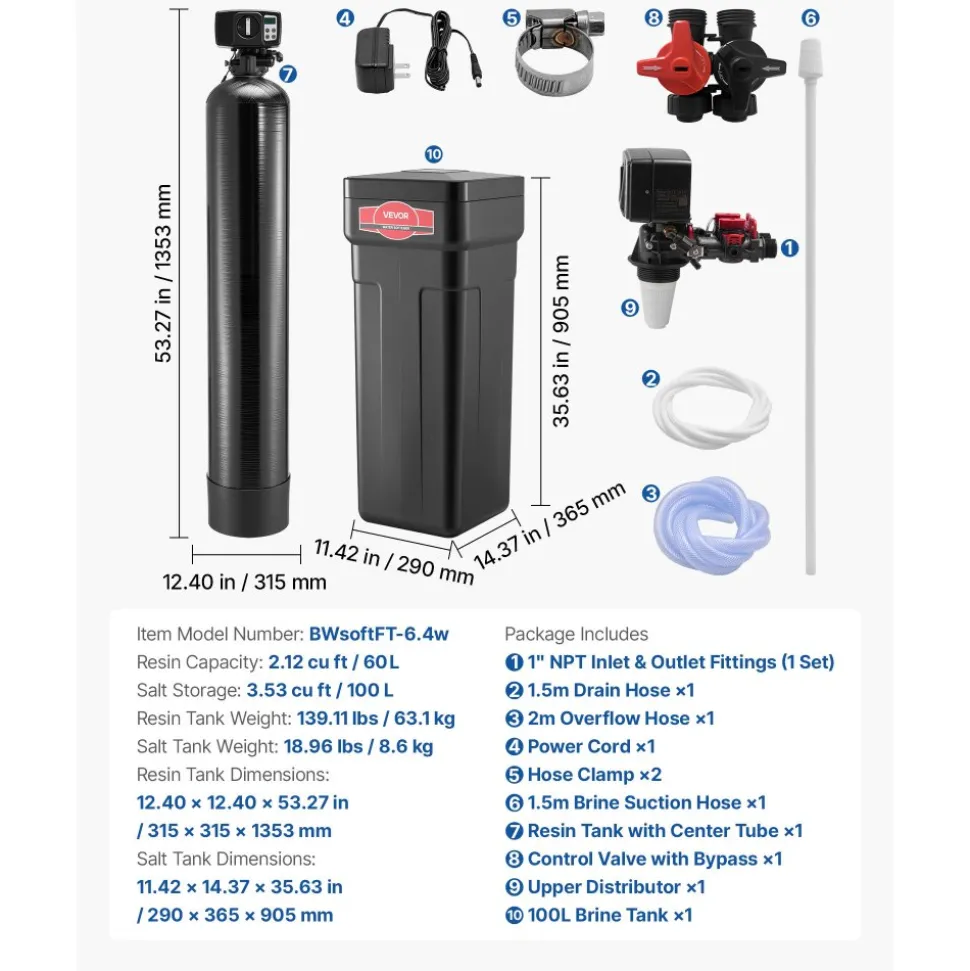 VEVOR Water Softener, 64,000 Grains Whole House Water Softener System, with Automatic Digital Control Head, Bypass Valve, Reduce Hardness and Minerals, Improve Water Quality, for 5-6 Bathrooms