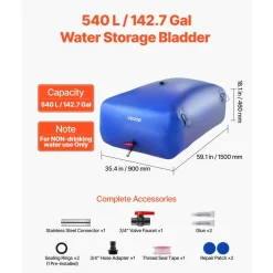 VEVOR Water Storage Bladder 142.7 Gallon Large Capacity Water Bag, Portable & Collapsible Soft Waters Container, Leakproof & Tear-Resistant PVC Emergency Waters Storage Tank for RV Truck & Outdoor Use