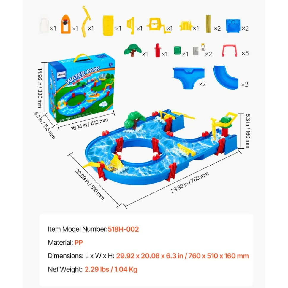 VEVOR Water Table for Toddlers, Kids Activity Play Waterway, Outdoor Summer Water Park Playset with 39PCS Accessories for Backyard Lawn Beach, Activity Sensory Play Table for 3+ Years Boys Girls