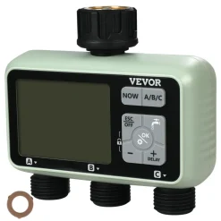 VEVOR Water Timer, 3 Outlets, Hose Watering Sprinkler Timer, with 3 Independent Watering Zone LCD Display Rain Delay Mode Manual Mode 360° Brass Inlet Metal Filter, IPX6 Waterproof for Yard Watering