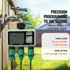 VEVOR Water Timer, 3 Outlets, Hose Watering Sprinkler Timer, with 3 Independent Watering Zone LCD Display Rain Delay Mode Manual Mode 360° Brass Inlet Metal Filter, IPX6 Waterproof for Yard Watering