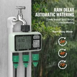 VEVOR Water Timer, 3 Outlets, Hose Watering Sprinkler Timer, with 3 Independent Watering Zone LCD Display Rain Delay Mode Manual Mode 360° Brass Inlet Metal Filter, IPX6 Waterproof for Yard Watering